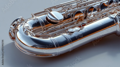 Close-up of a silver baritone saxophone, showcasing its intricate details and metallic sheen. photo