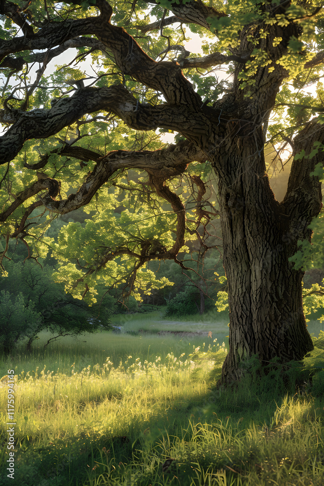 Peaceful Meadow with Majestic Oak Tree and Winding Brook, Highlighting Nature's Strength and Tranquility Peaceful Meadow with Majestic Oak Tree and Winding Brook, Highlighting Nature's Strength and Tranquility