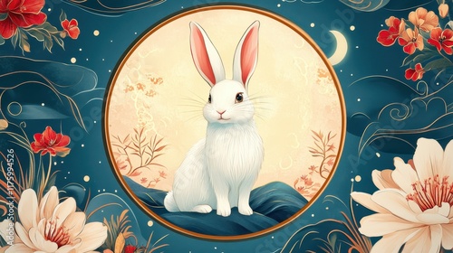 Festive poster showcasing a cartoon moon bunny inside a circular frame among flower for Lunar new year festival and harvest celebration.