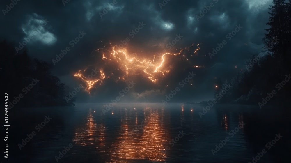 Fototapeta premium Fiery lightning storm over lake at night.