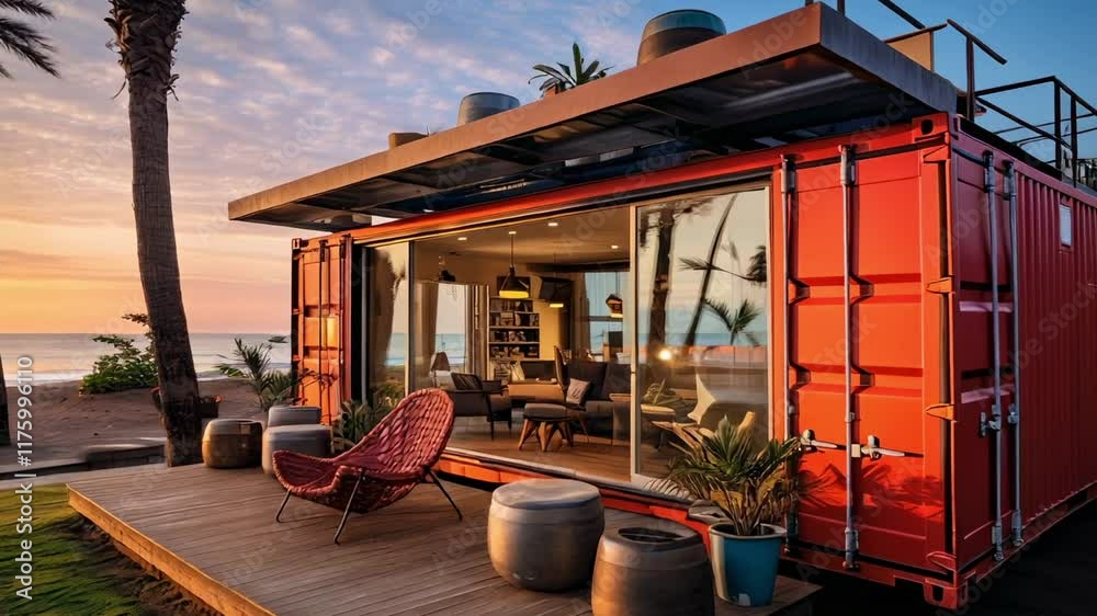 Luxurious, sustainable beach house crafted from upcycled shipping containers, featuring a wooden deck, cozy furniture, and breathtaking ocean views at sunset
