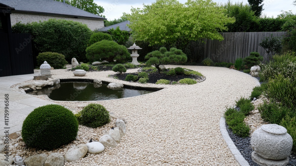 Obraz premium A tranquil monastery garden features koi ponds, bonsai trees, and artful stone arrangements amidst meditative pathways.