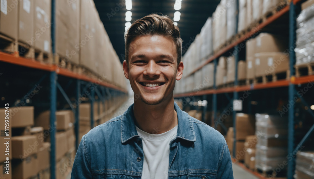 Obraz premium Smiling young man in a warehouse surrounded by cardboard boxes during a bright day