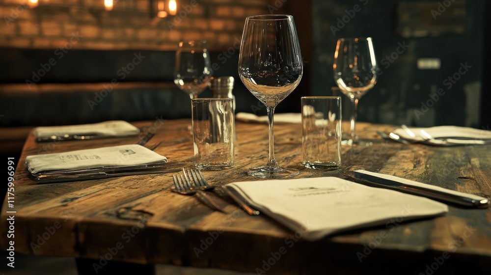 Rustic table setting with wine glasses and menus. Rustic table setting with wine glasses and menus.