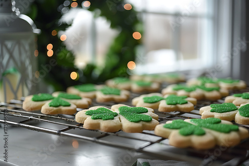 st patricks day celebration, clover-shaped cookies on racks, green wreath on door, aroma of corned beef filling the house as families come together for st patricks day photo