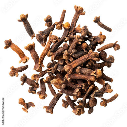Dried clove spice scattered on a clean, transparent background highlighting its rich, dark texture and unique shape, Dry clove isolated on transparent background