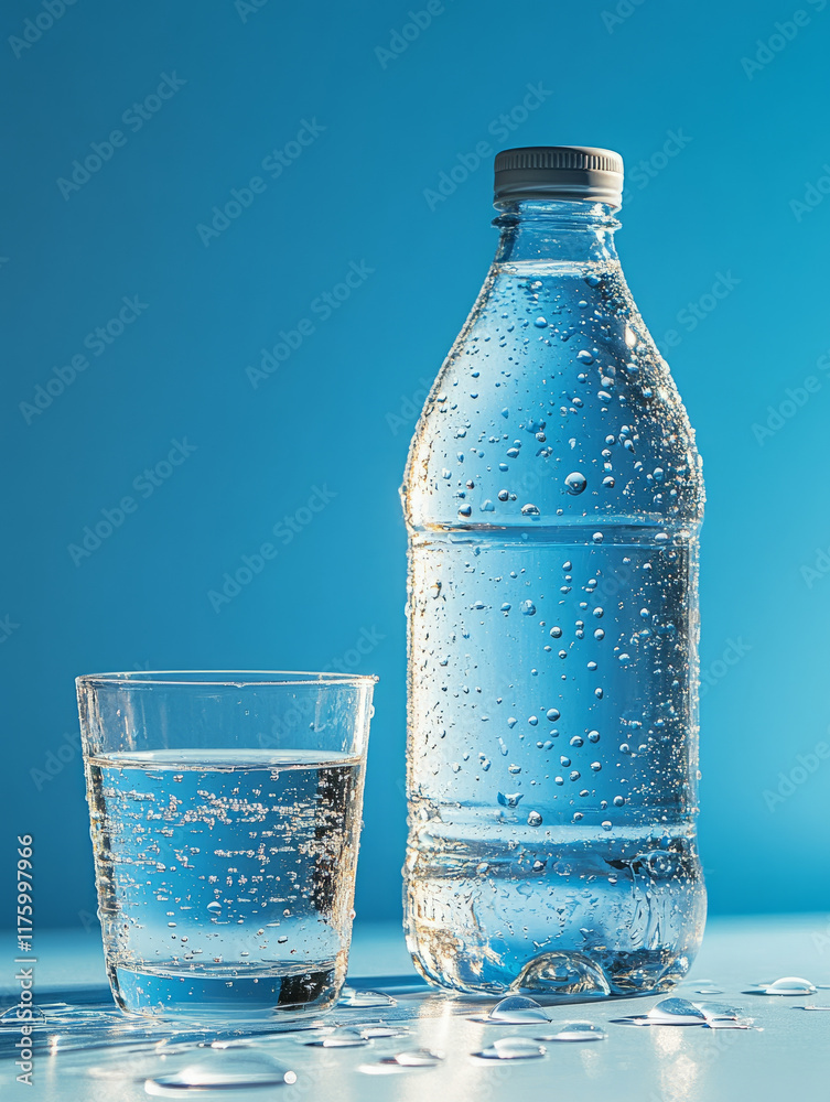 A bottle and glass of water with droplets. A bottle and glass of water with droplets.