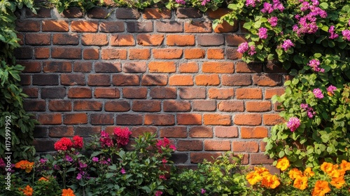 A red brick wall with vibrant flowers and greenery growing around it.