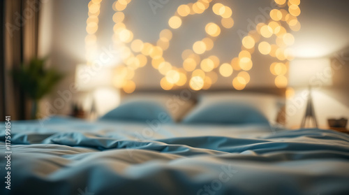 Blurry close-up of a rumpled light-blue bedsheet on a bed.  Out-of-focus background shows string lights and bedside lamps.  The overall mood is calm and intimate. photo