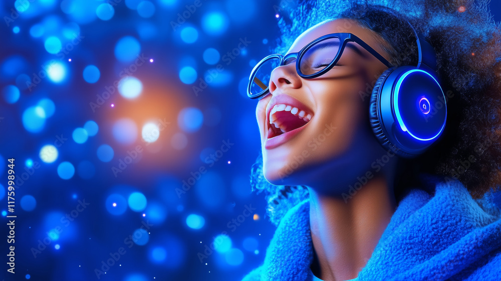 Girl with headphones enjoys music in a bright scene Girl with headphones enjoys music in a bright scene