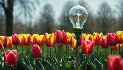 Vibrant tulip garden with colorful flowers and a light bulb illuminating the scene during daytime
