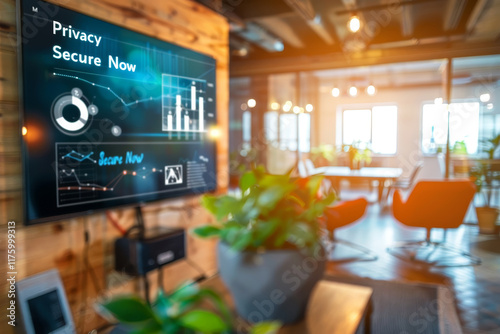 Modern office with a digital screen displaying cybersecurity analytics and 