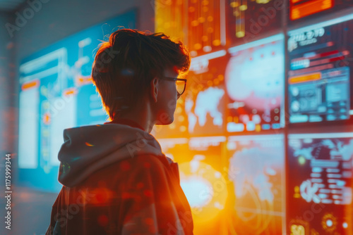 Young professional analyzing data on multiple glowing digital screens in a futuristic workspace, surrounded by vibrant light and modern technology