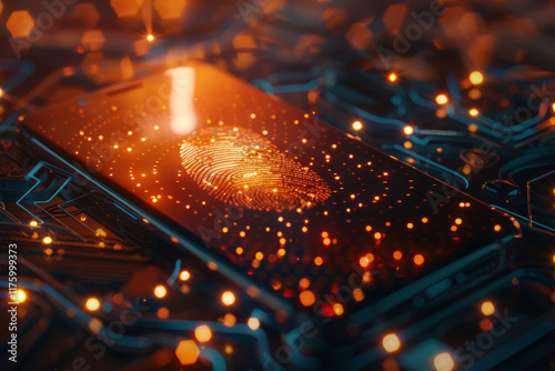 Close-up of a glowing fingerprint scanner on a smartphone surrounded by vibrant circuits, symbolizing biometric authentication and advanced digital security