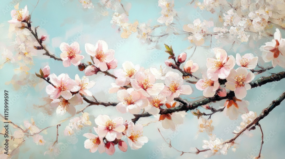 Delicate pink blossoms on branches against a soft blue sky. Delicate pink blossoms on branches against a soft blue sky.