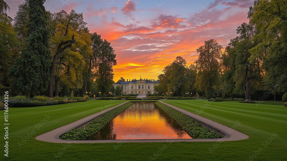 Fototapeta premium Peaceful European Park at Twilight with Manicured Lawns, Tree-Lined Avenues, and a Tranquil Pond Reflecting the Fiery Hues of the Sunset, Surrounded by Charming Baroque-Style Architecture
