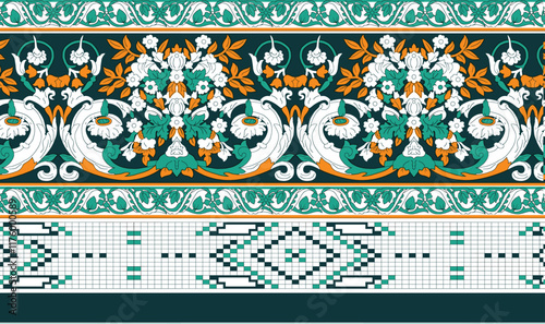 A handwoven textile-inspired design, incorporating ethnic embroidery stitches and floral motifs, suited for artisanal wallpaper and handcrafted wrapping paper.