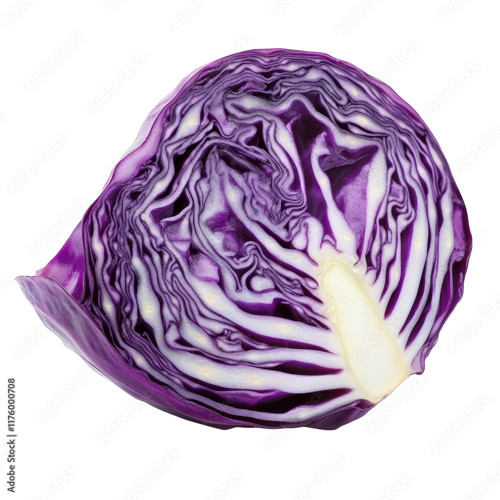 Fototapeta premium Sliced red cabbage showcasing vibrant purple layers on a transparent background, Red cabbage slice isolated on transparent background