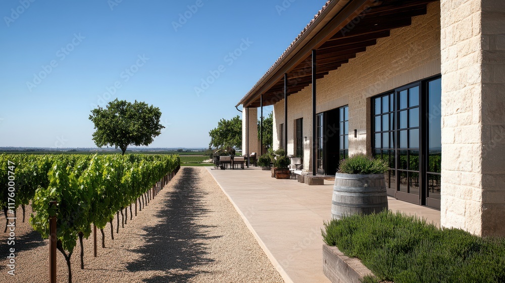 Naklejka premium Sunlit vineyard estate in Napa Valley, framed by rows of lush grapevines and a charming rustic patio, invites serene relaxation and wine tasting.