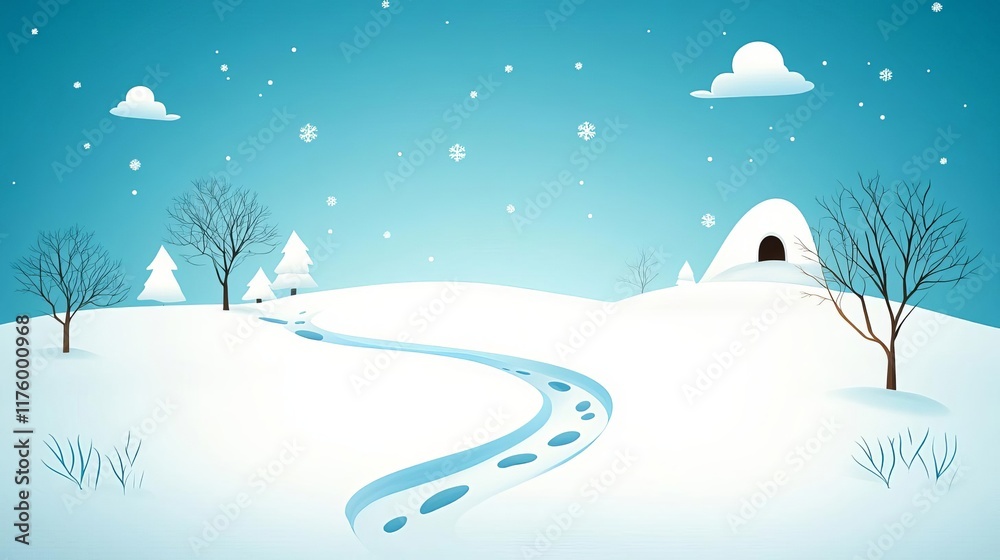 Fototapeta premium Groundhog Day Snowy landscape with winter scenery and footprints.