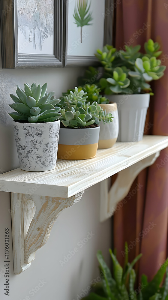Fototapeta premium White shelf with potted succulents, against a wall with framed botanical prints.