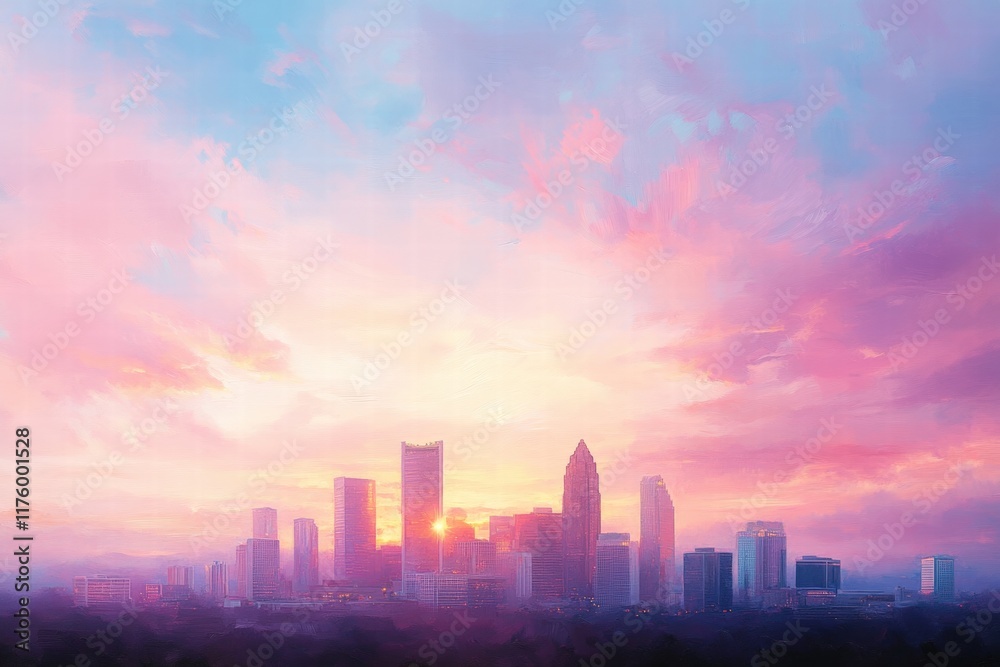 Pink sunrise over city skyline, pastel clouds, urban landscape, perfect for travel brochures. Pink sunrise over city skyline, pastel clouds, urban landscape, perfect for travel brochures.