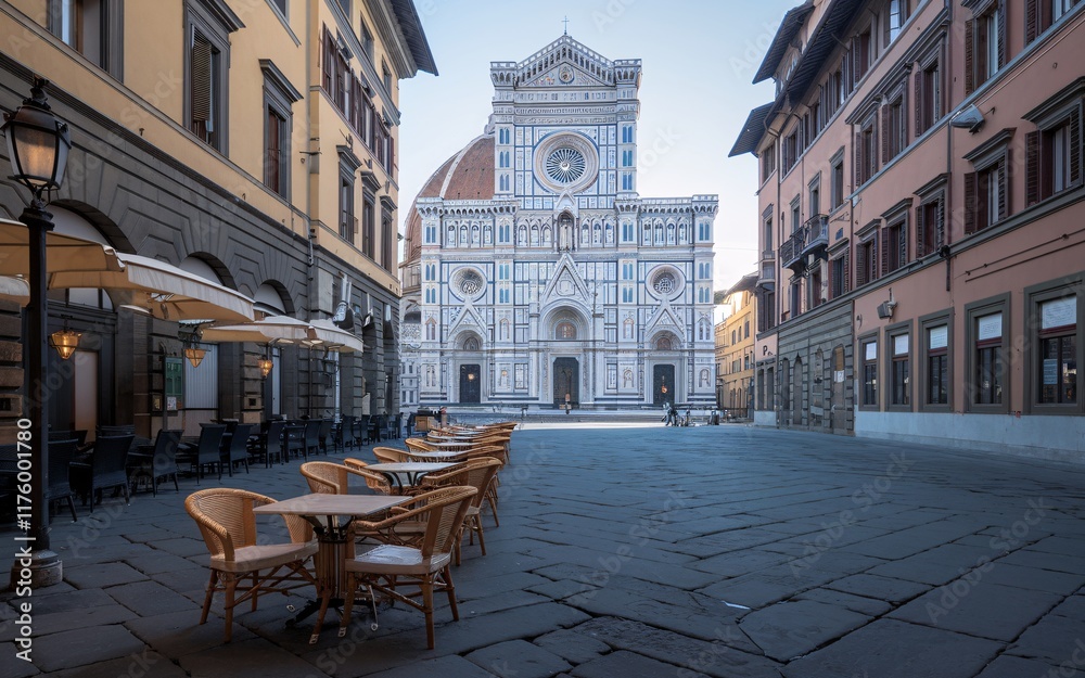 Obraz premium Florence's Historic Piazza, Empty cafe street facing Florence cathedral at dawn.