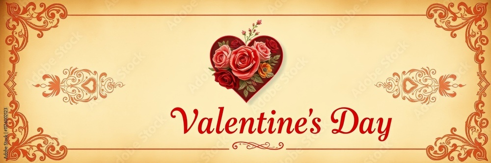 Fototapeta premium Valentine's Day heart with vibrant roses on an ornate background conveying romance and affection