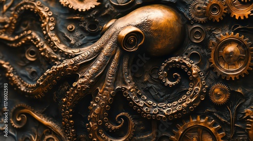 Bronze Octopus Sculpture with Intricate Gear Design Representing Marine Life and Mechanical Beauty in a Unique 3D Art Form photo