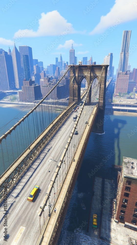 Fototapeta premium Cityscape view of Brooklyn Bridge, traffic, and Manhattan skyline. Use travel brochure.