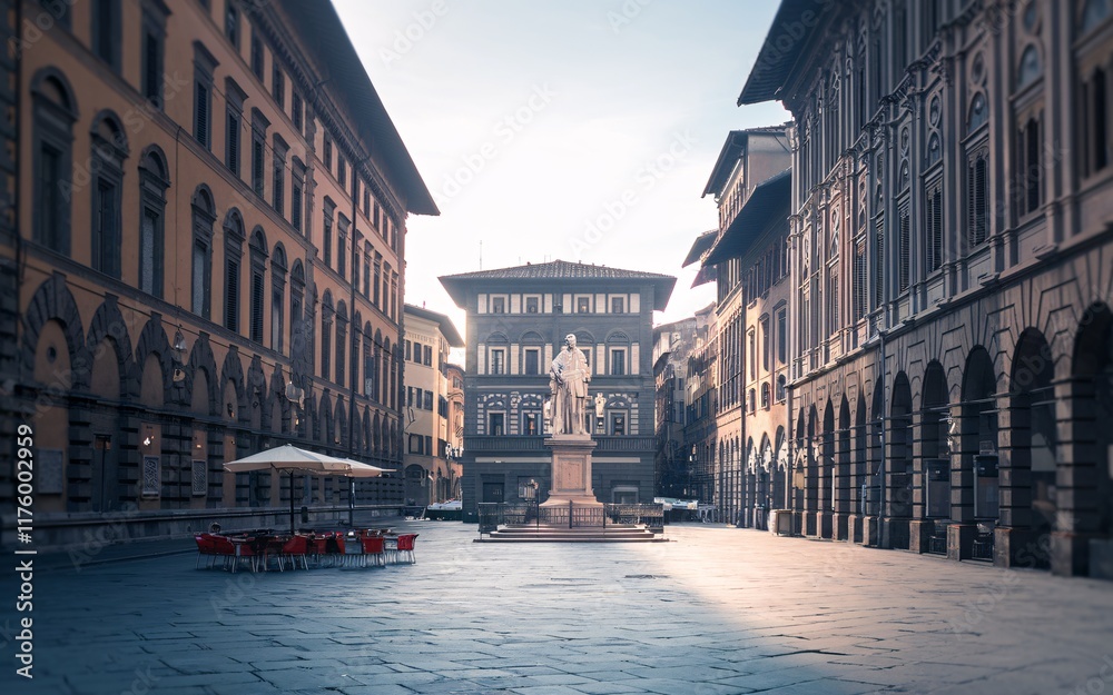 Florence's Historic Piazza, Serene sunrise over a quiet Italian piazza with statue. Florence's Historic Piazza, Serene sunrise over a quiet Italian piazza with statue.
