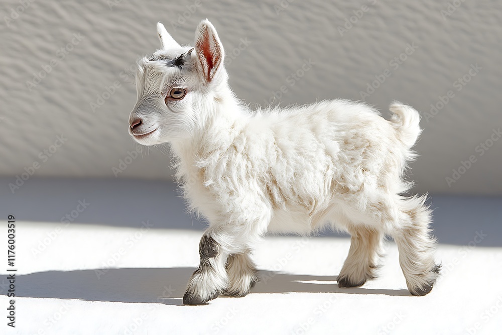A Fluffy White Baby Goat Walks Outdoors A Fluffy White Baby Goat Walks Outdoors