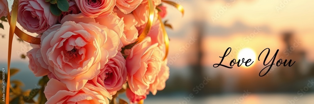 Beautiful bouquet of pink roses adorned with golden ribbon conveying love and romance at sunset by a tranquil body of water Beautiful bouquet of pink roses adorned with golden ribbon conveying love and romance at sunset by a tranquil body of water