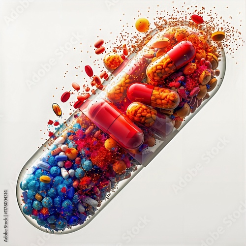 Pharmaceutical Capsule Split Open with Colorful Contents