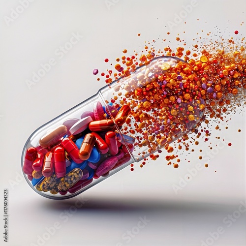 Open Capsule Releasing Vibrant Particles on White Background