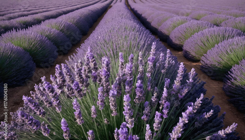 Lavender fields stretch across the landscape under a clear sky near sunset, showcasing vibrant purple blooms in organized rows