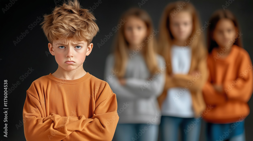 Fototapeta premium Boy standing alone with crossed arms surrounded by girls