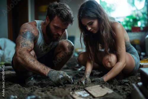 Wallpaper Mural A focused couple gets creative as they work together in a messy indoor environment, showcasing collaboration and hands-on artistic expression amidst dirt and materials. Torontodigital.ca