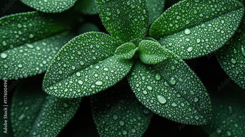 Fototapeta premium Close-up of green leaves adorned with water droplets, showcasing nature's beauty.