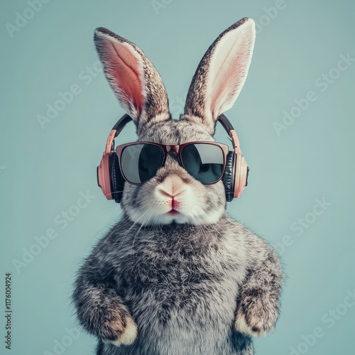 a cool easter male bunny, with sunglassesn with headphones, in neon light - Generative AI	
