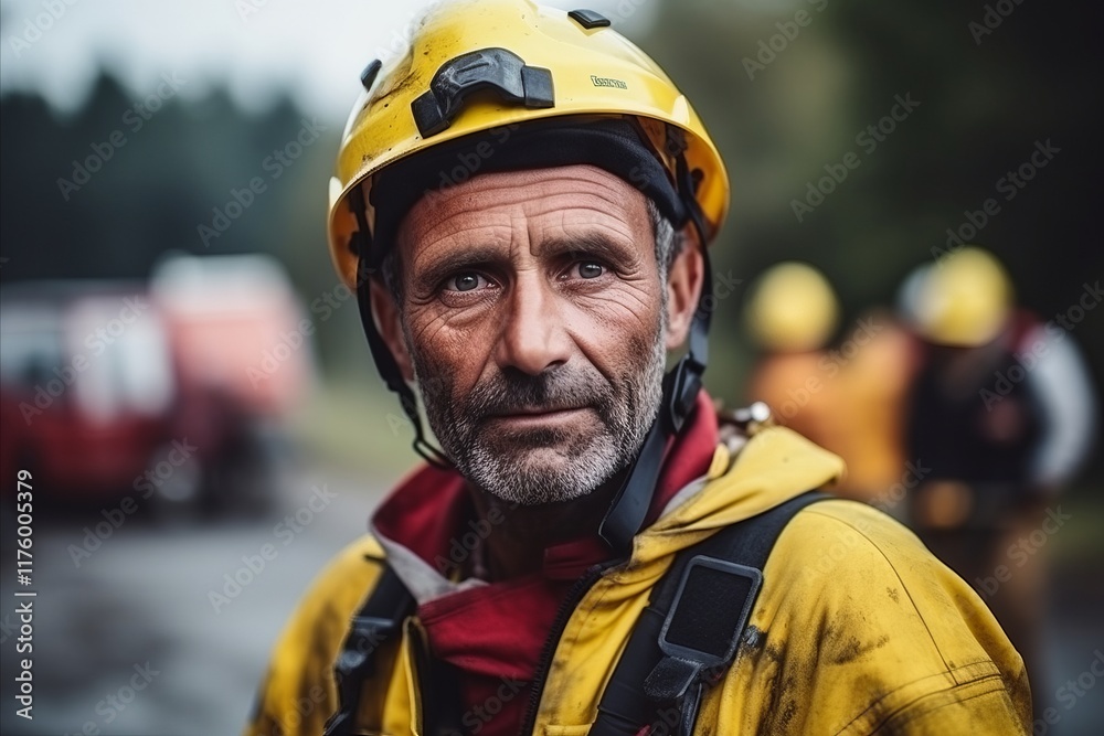 Portrait of a senior fireman with yellow helmet and reflective vest