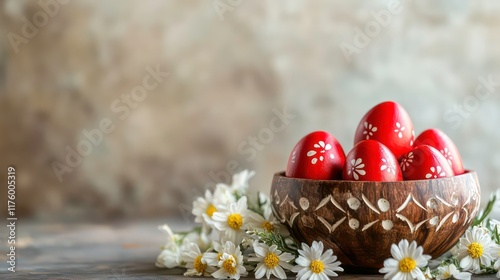 Carved bowl with Easter red eggs on a table decorated with white flowers. Background with space for text