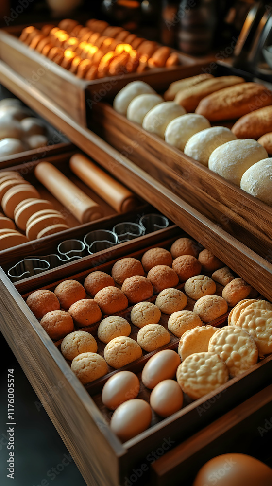 Wooden drawers filled with assorted pastries, breads, and eggs in a bakery or hotel breakfast buffet. Wooden drawers filled with assorted pastries, breads, and eggs in a bakery or hotel breakfast buffet.