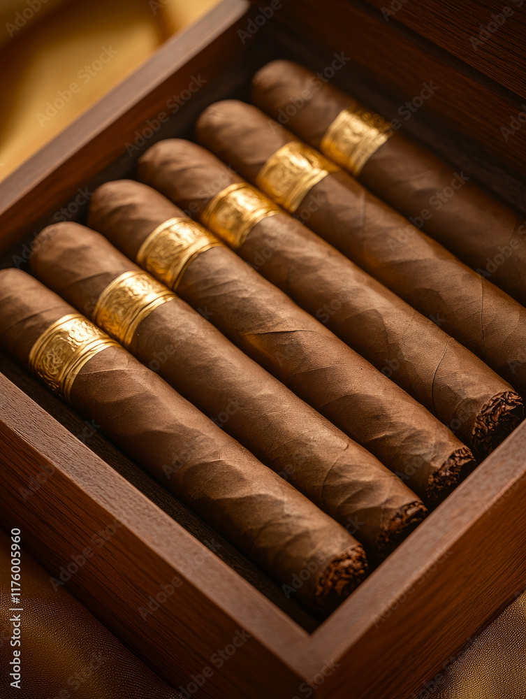 Box with premium cigars displayed elegantly. Box with premium cigars displayed elegantly.