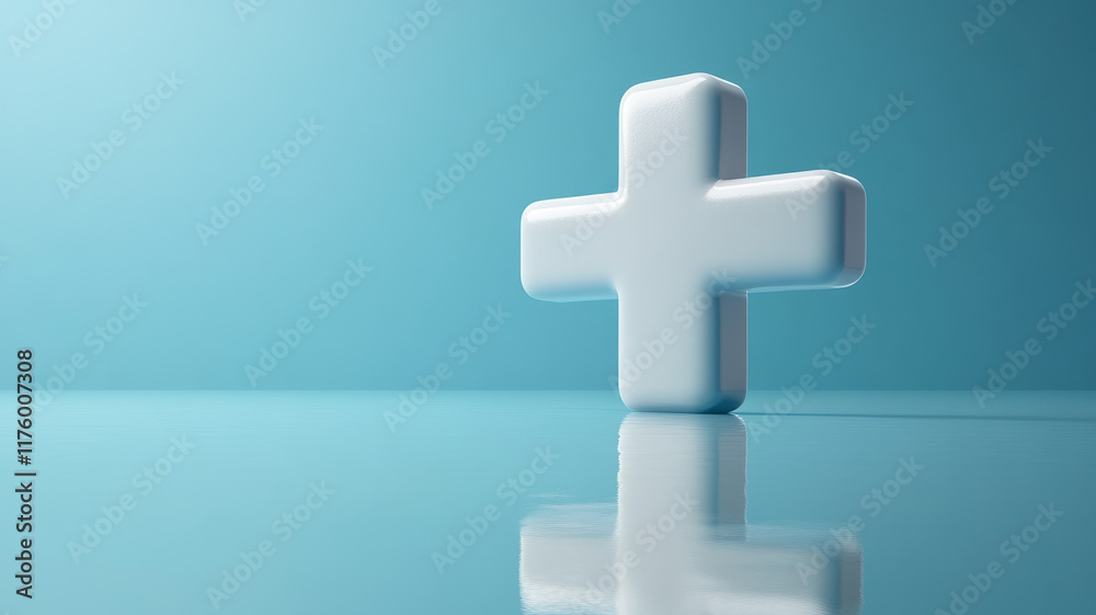 Fototapeta premium 3D white plus sign on a blue reflective surface