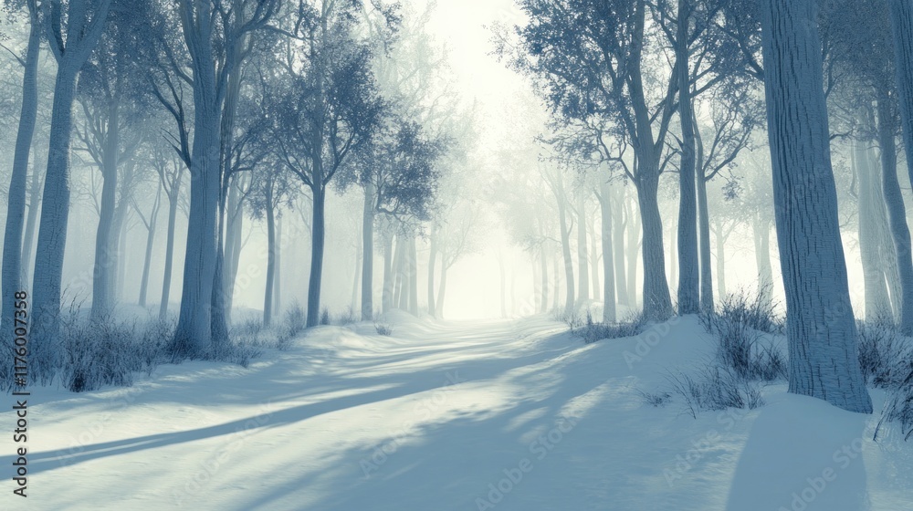 Obraz premium Sunlit path through a snowy, misty winter forest.