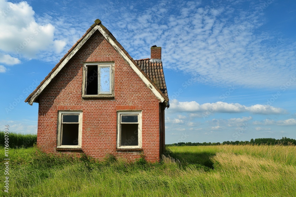 An ancient brick house stands solitary amidst a lush, grassy landscape, bathed in the warm glow of midday sunlight beneath a sky adorned with scattered clouds in a peaceful rural setting An ancient brick house stands solitary amidst a lush, grassy landscape, bathed in the warm glow of midday sunlight beneath a sky adorned with scattered clouds in a peaceful rural setting