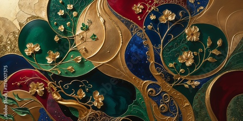 Ornate floral gold pattern on vibrant jewel toned background abstract art