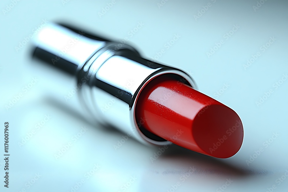 A Single Red Lipstick Lies On A Pale Surface A Single Red Lipstick Lies On A Pale Surface