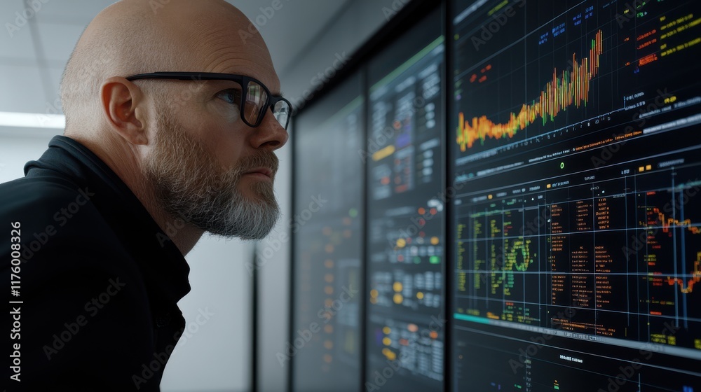 Fototapeta premium A focused risk manager examines complex data on sleek digital screens in a modern office, representing analysis and strategic decision-making.
